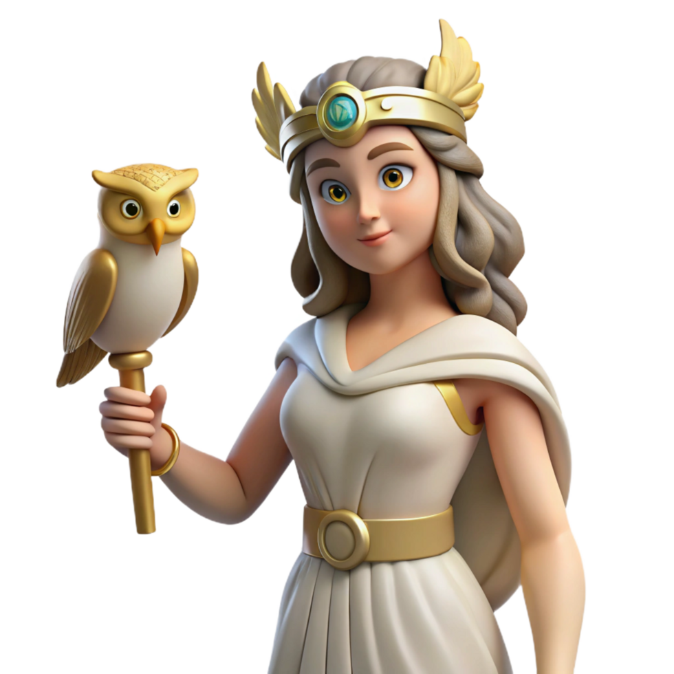radiant coastal Athena, Goddess of Wisdom, holding an owl, NO BACKGROUND with Transparent Background. studio quality png