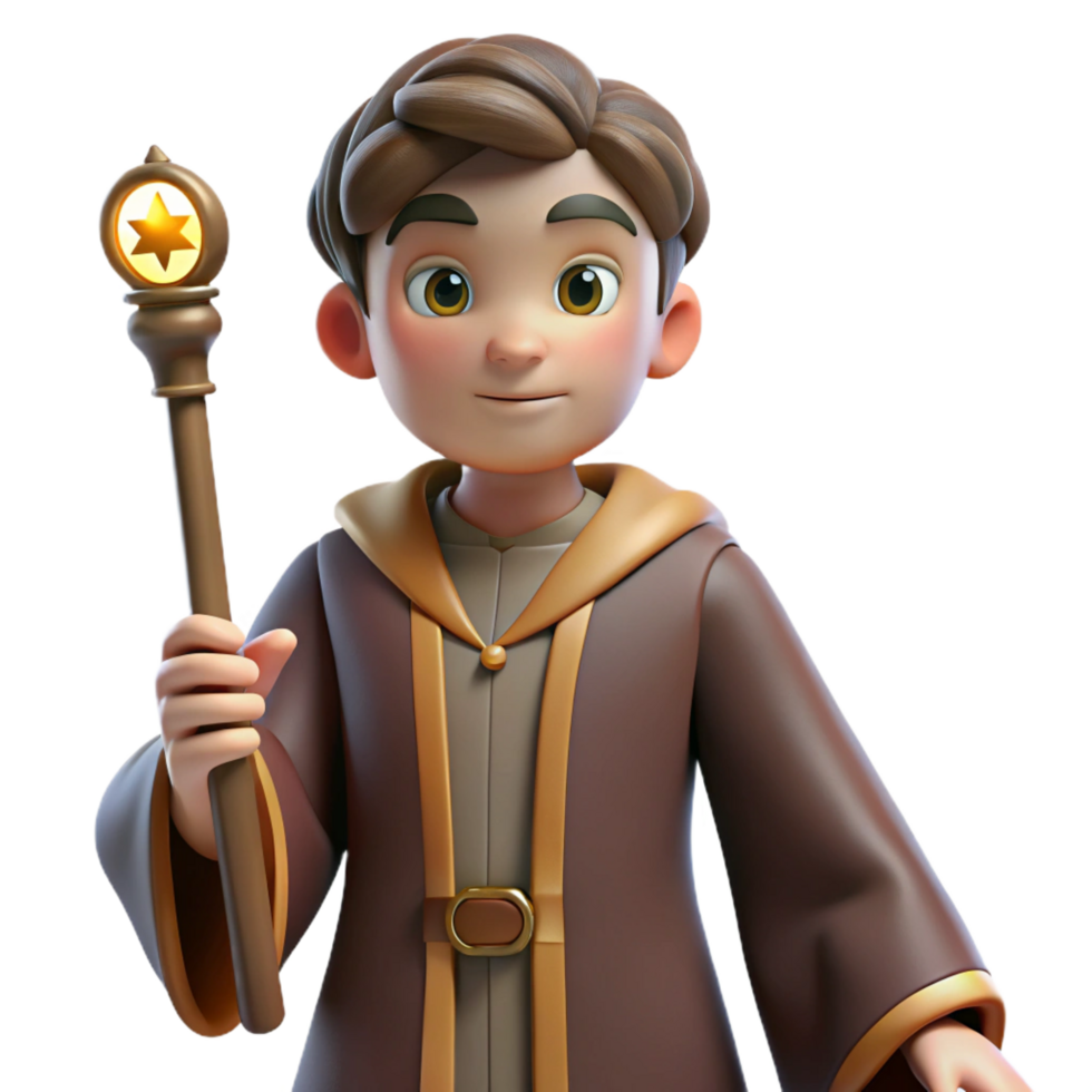 stunning exemplary Young wizard, holding a staff, wearing robes, focused expression NO BACKGROUND with Transparent Background. png