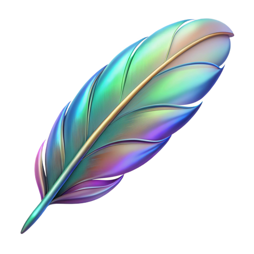 striking creative A stylized griffin feather, with iridescent colors. NO BACKGROUND with Transparent Background. museum quality png