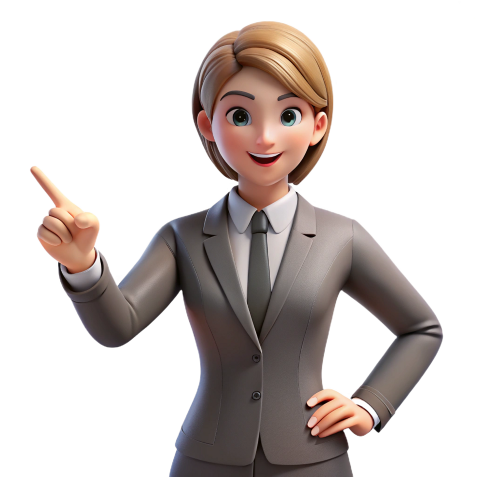 reflective mesmerizing Businesswoman in a suit pointing forward, NO BACKGROUND with Transparent Background. fine detail png