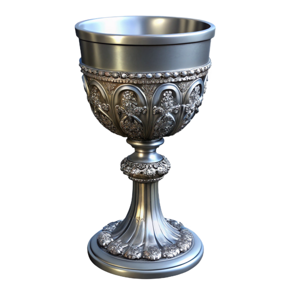 splendid passionate art deco A single, ornate silver chalice, intricate carvings, NO BACKGROUND with Transparent Background. high quality png