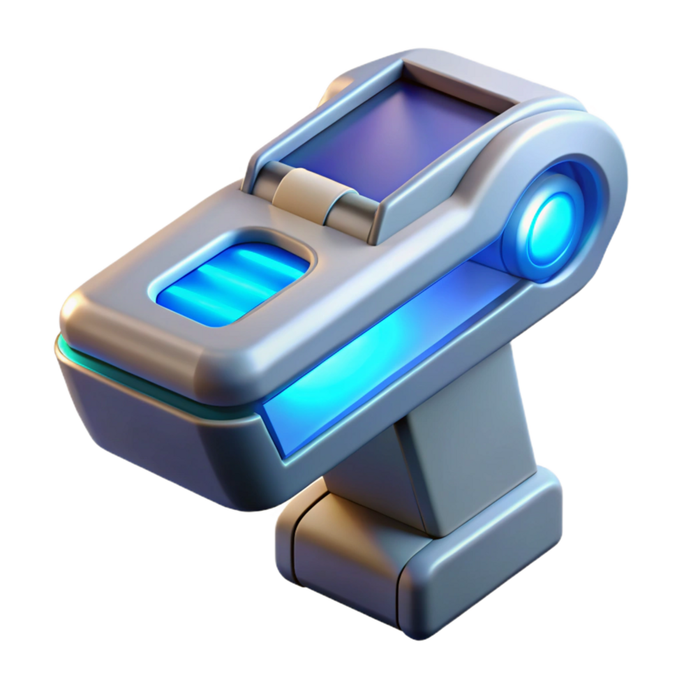 immaculate passionate geometric Advanced medical scanner, handheld, futuristic design, blue light, NO BACKGROUND with Transparent Background. refined png