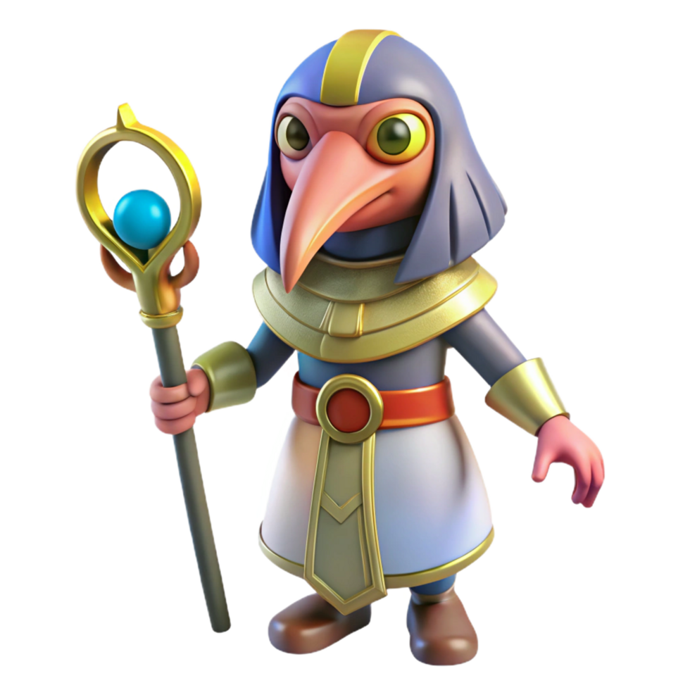 reflective breathtaking Thoth, Egyptian god of writing, ibis-headed, NO BACKGROUND with Transparent Background. studio quality png
