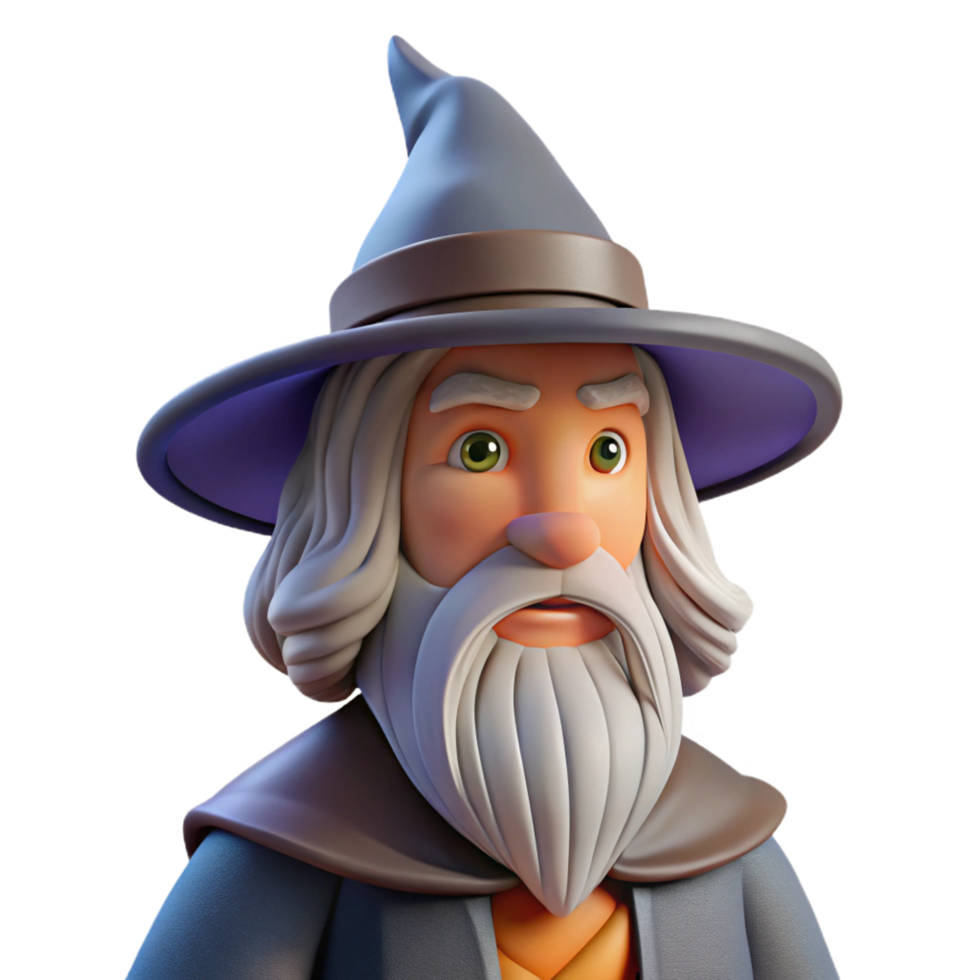 pristine playful futuristic A wise old wizard with a long white beard and a pointed hat. NO BACKGROUND with Transparent Background. fine detail png