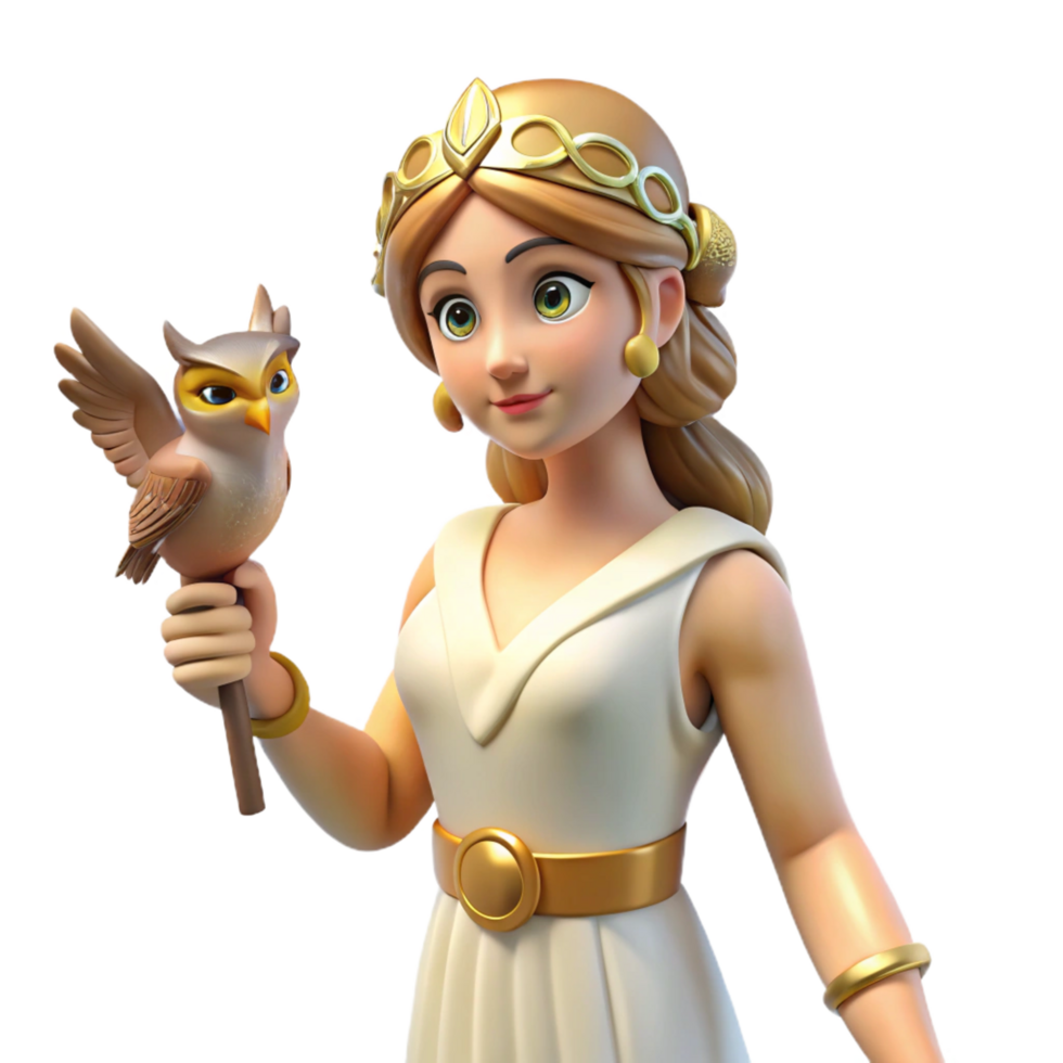 fascinating inspired Athena, Goddess of Wisdom, holding owl, NO BACKGROUND with Transparent Background. png