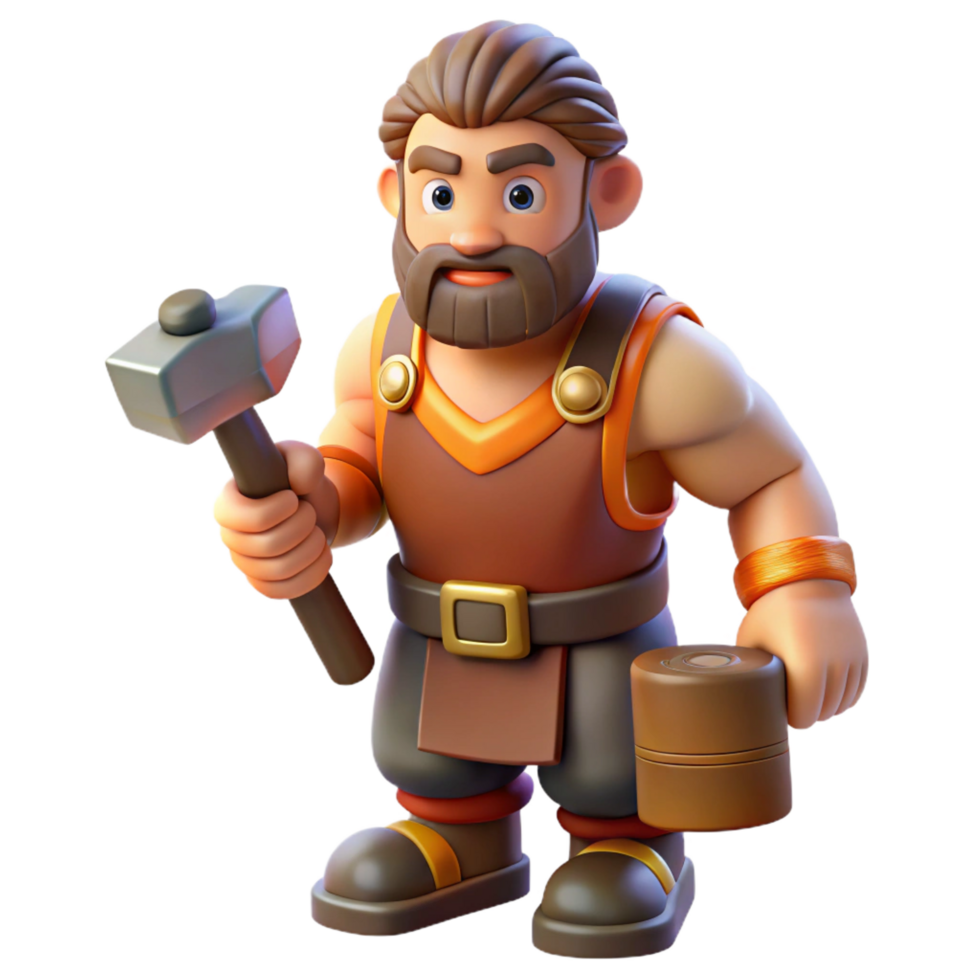gorgeous tropical Hephaestus, God of the Forge, holding a hammer, NO BACKGROUND with Transparent Background. impeccable png
