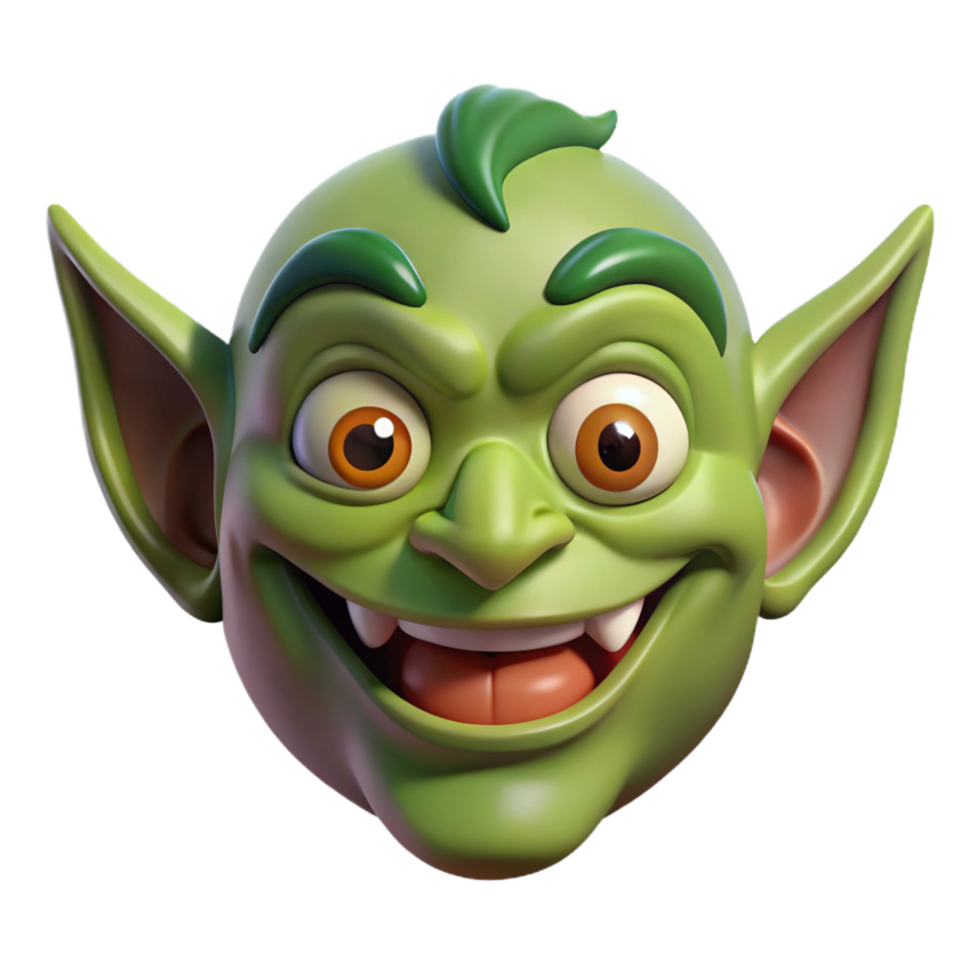wonderful melancholic futuristic A stylized goblin face, with a mischievous grin. NO BACKGROUND with Transparent Background. sharp png
