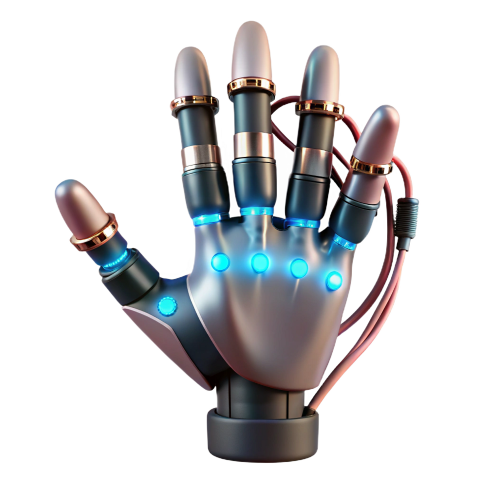 sumptuous standout Cyborg hand, prosthetic, glowing wires, NO BACKGROUND with Transparent Background. png
