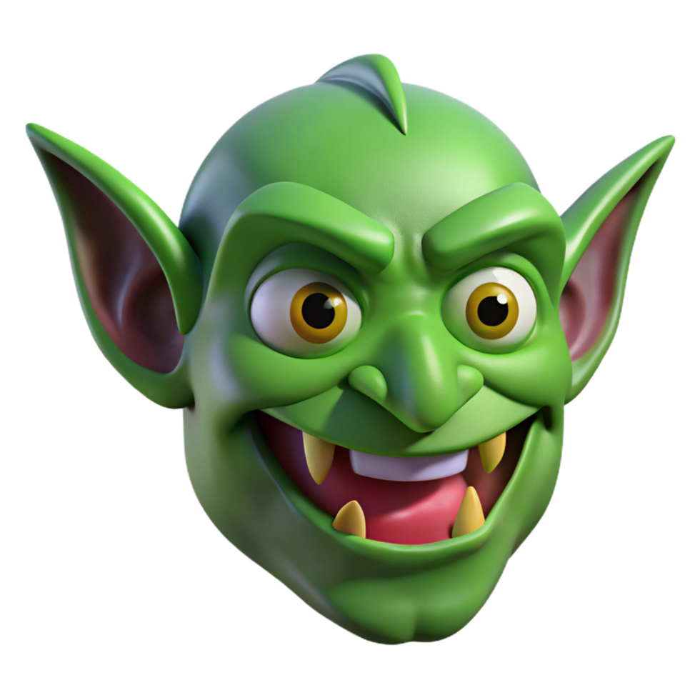 joyful majestic Goblin face, green skin, sharp teeth, mischievous grin NO BACKGROUND with Transparent Background. impeccable png