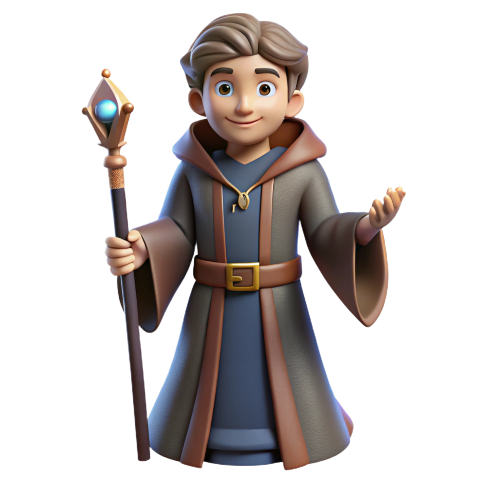 spectacular reflective retro Young wizard, holding a staff, wearing robes, focused expression NO BACKGROUND with Transparent Background. handcrafted png