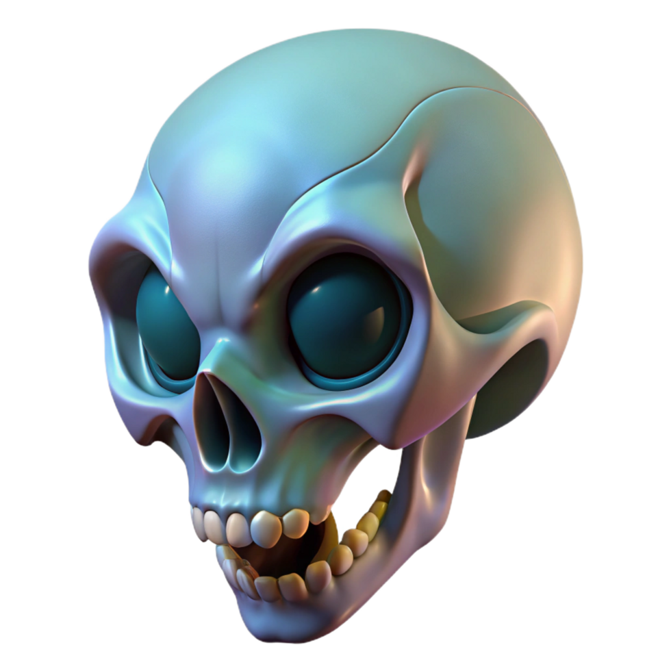 majestic tranquil retro Alien skull with elongated cranium and sharp teeth NO BACKGROUND with Transparent Background. luxury png
