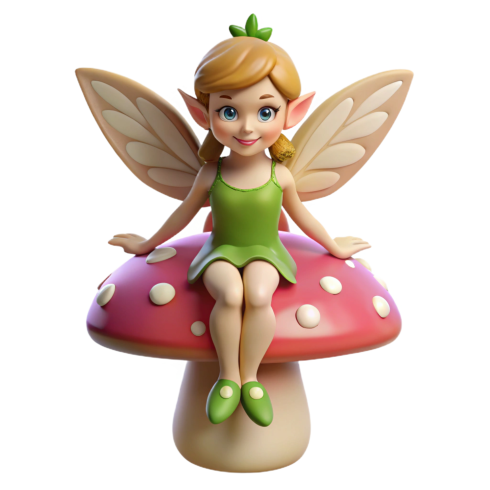 gorgeous distinctive A whimsical pixie, sitting on a mushroom. NO BACKGROUND with Transparent Background. Mushroom is part of the pixie design, not an environmental element png