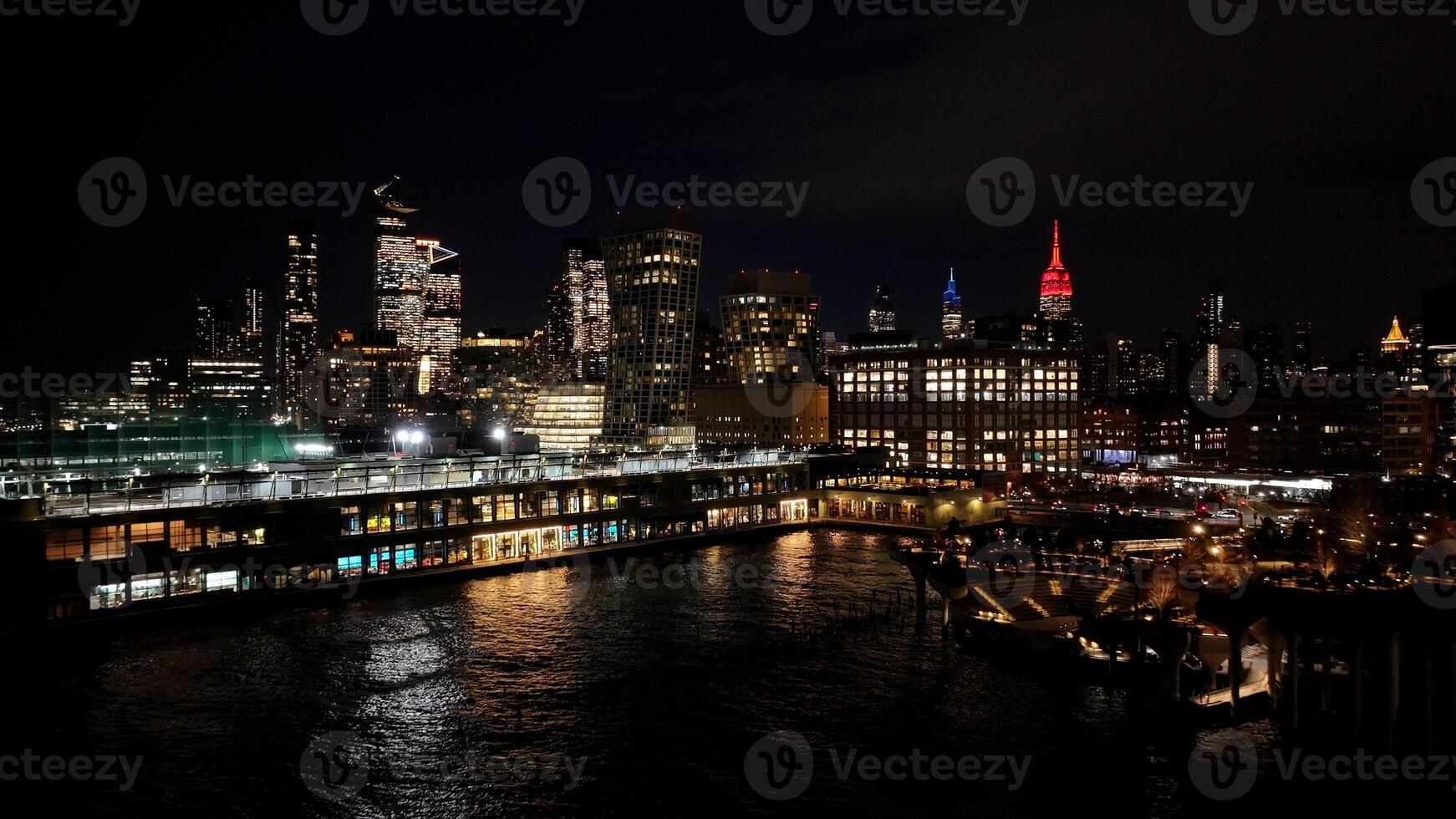 Aerial Pier 57 in Manhattan New York United States. Night Skyline Bright. photo
