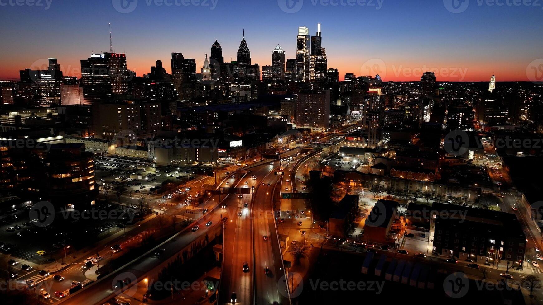 Above view of Philadelphia Skyline in Philadelphia Pennsylvania in United States . Road Dusk. photo
