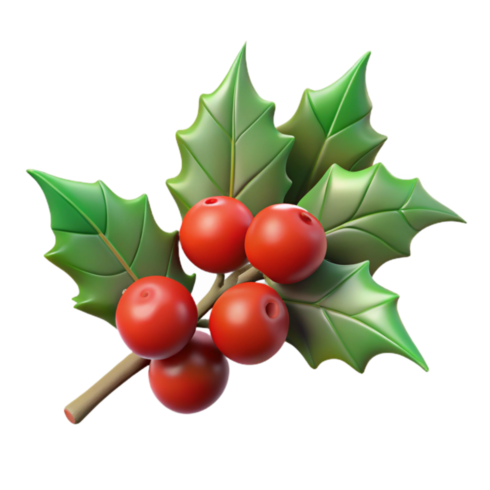 reflective pristine Branch of holly with berries NO BACKGROUND with Transparent Background. high resolution png