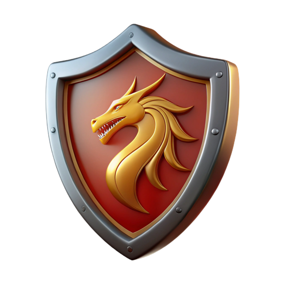 nostalgic pristine A stylized shield, emblazoned with a dragon emblem. NO BACKGROUND with Transparent Background. impeccable png