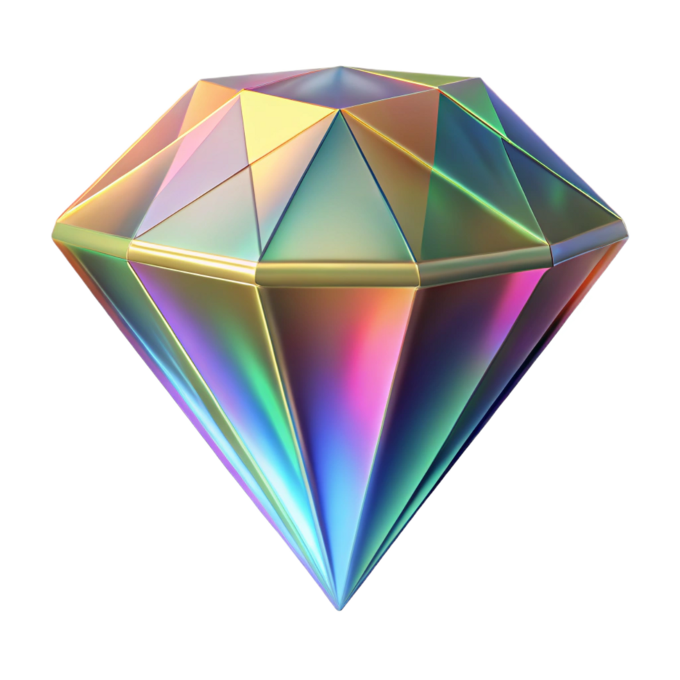 splendid art deco A levitating, faceted diamond with rainbow refractions. NO BACKGROUND with Transparent Background. 8K png