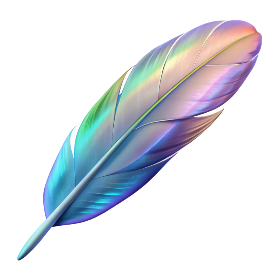 picturesque joyful tropical A single, floating feather, iridescent and magical. NO BACKGROUND with Transparent Background. handcrafted png