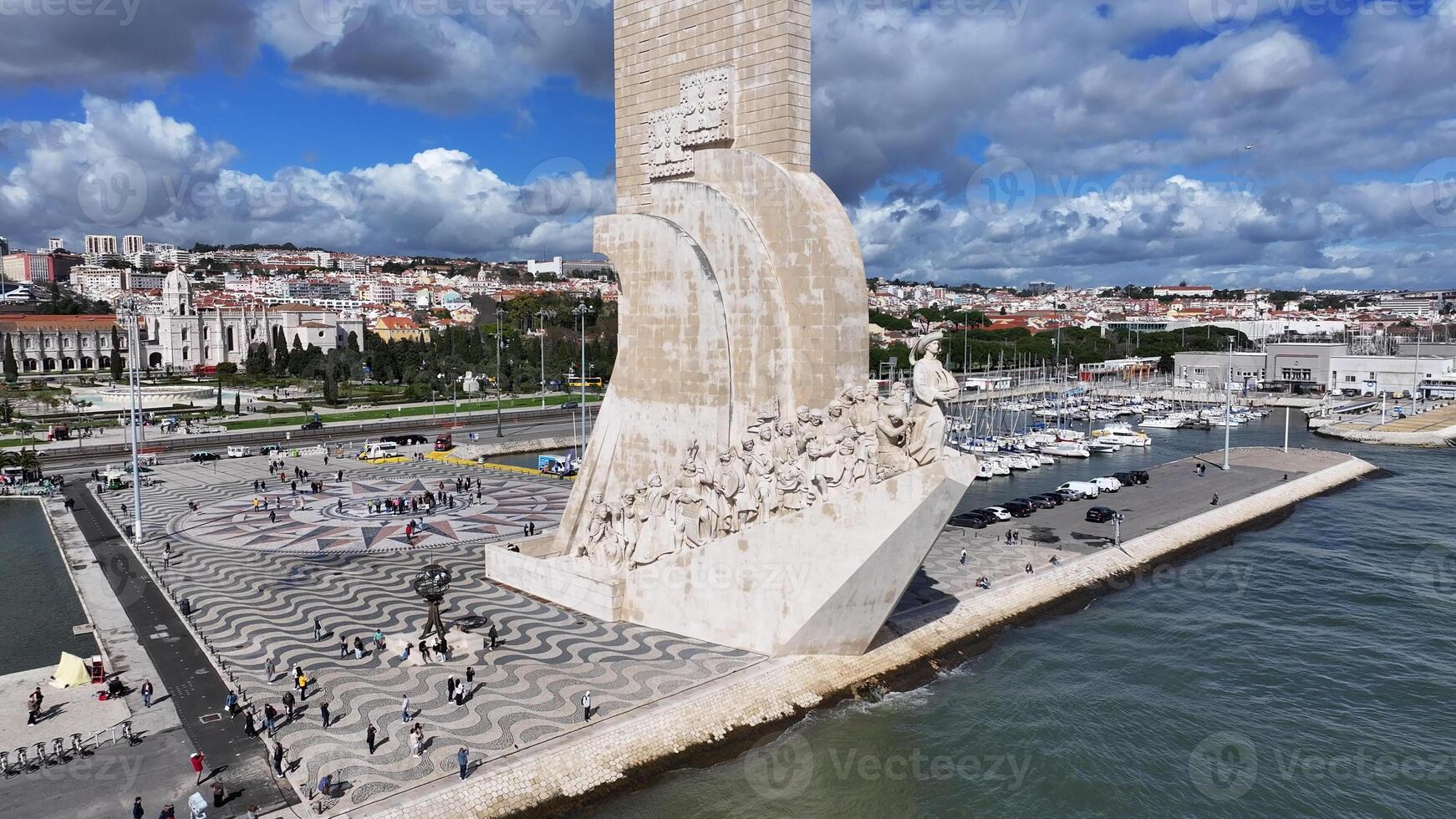 Aerial View of Discoveries Monument in Lisbon District of Lisbon Portugal.. Garden Crowd Of People. photo