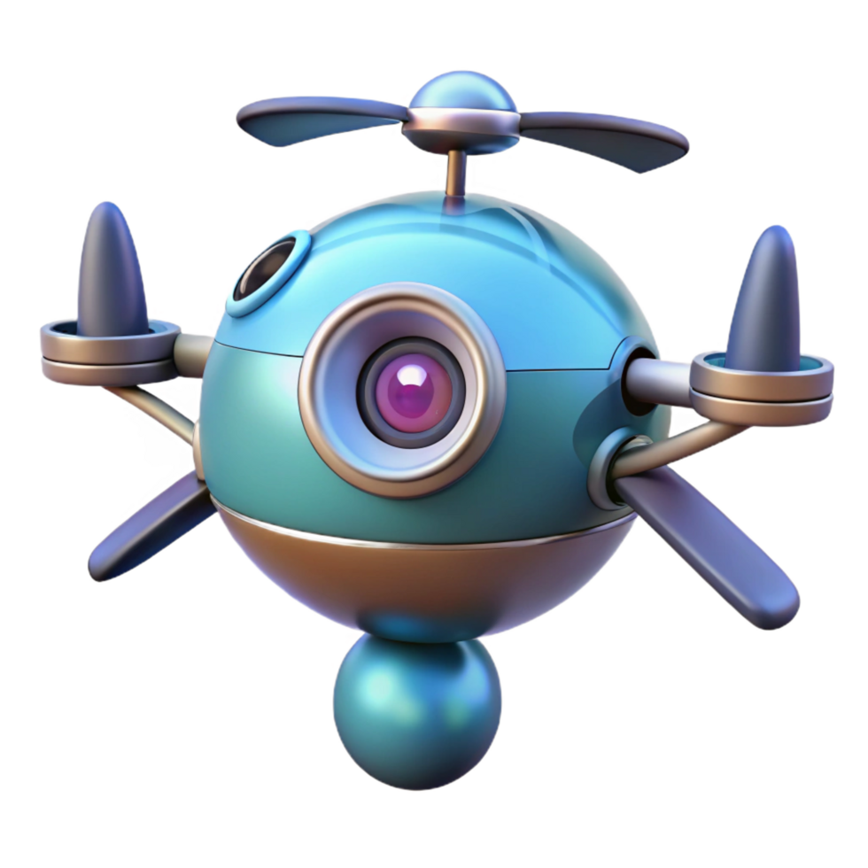 splendid bohemian AI drone, spherical, camera lens, hovering, NO BACKGROUND with Transparent Background. detailed png