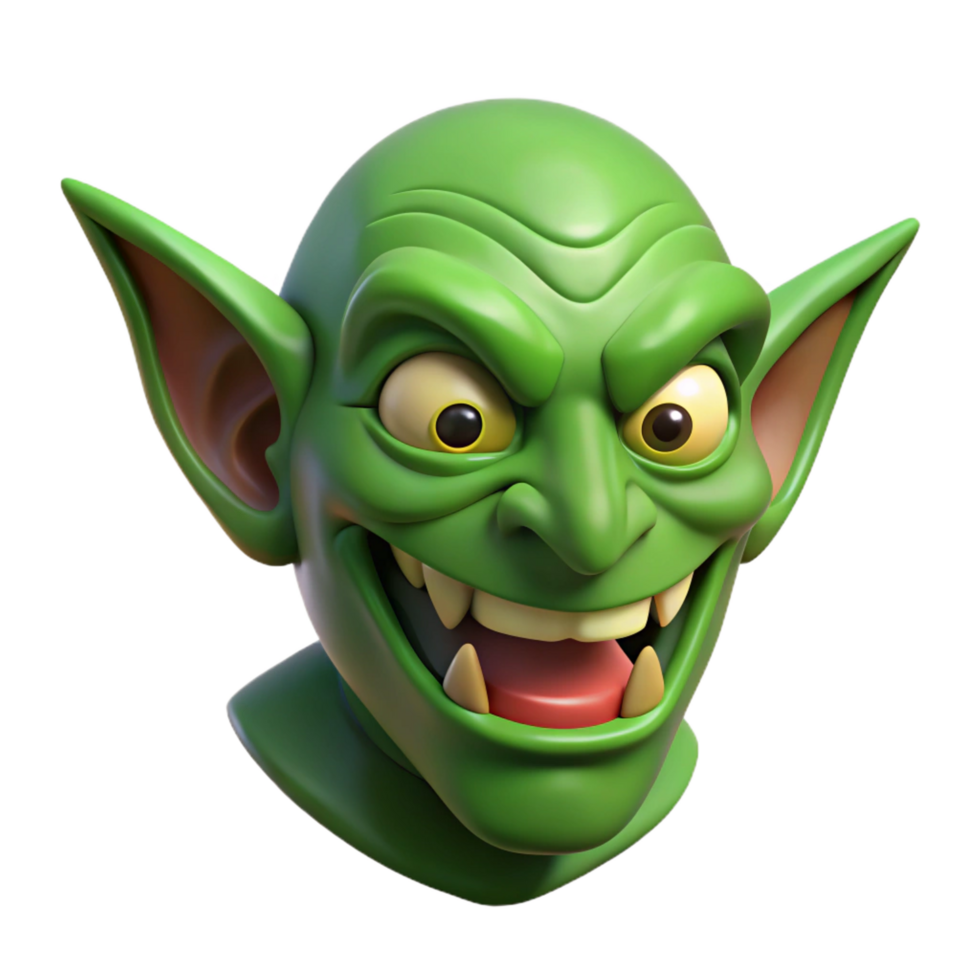 standout futuristic Goblin face, green skin, sharp teeth, mischievous grin NO BACKGROUND with Transparent Background. top-tier png