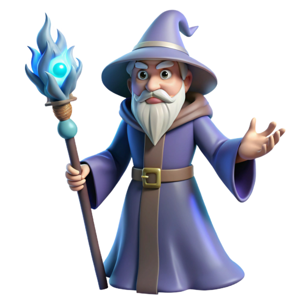 joyful sumptuous A powerful wizard with a staff, casting a spell. NO BACKGROUND with Transparent Background. 4K png