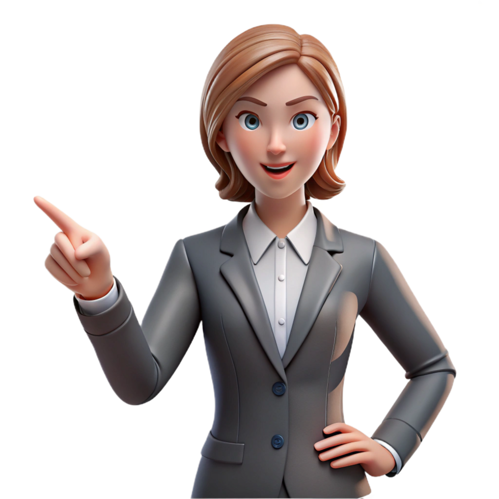 pristine victorian Businesswoman in a suit pointing forward, NO BACKGROUND with Transparent Background. 8K png