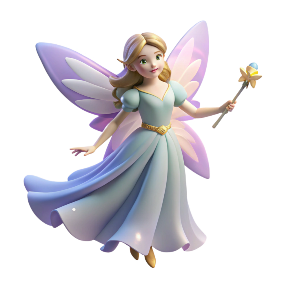 notable creative Winged fairy, delicate wings, flowing dress, holding a magic wand NO BACKGROUND with Transparent Background. authentic png