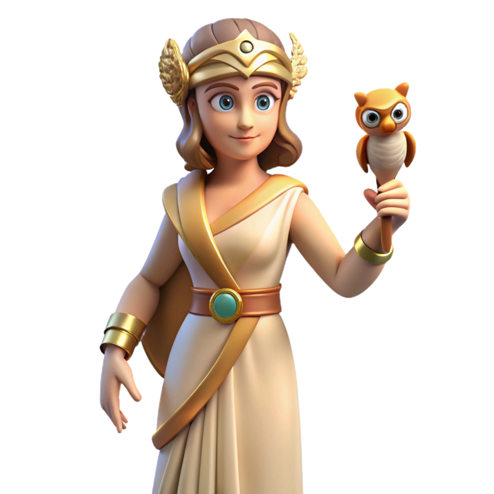 radiant tropical Athena, Greek goddess of wisdom, holding an owl NO BACKGROUND with Transparent Background. perfect clarity png