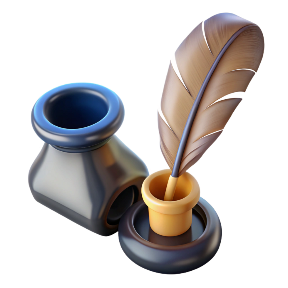 striking calm industrial Single feather pen, inkwell, parchment paper, NO BACKGROUND with Transparent Background. elite png