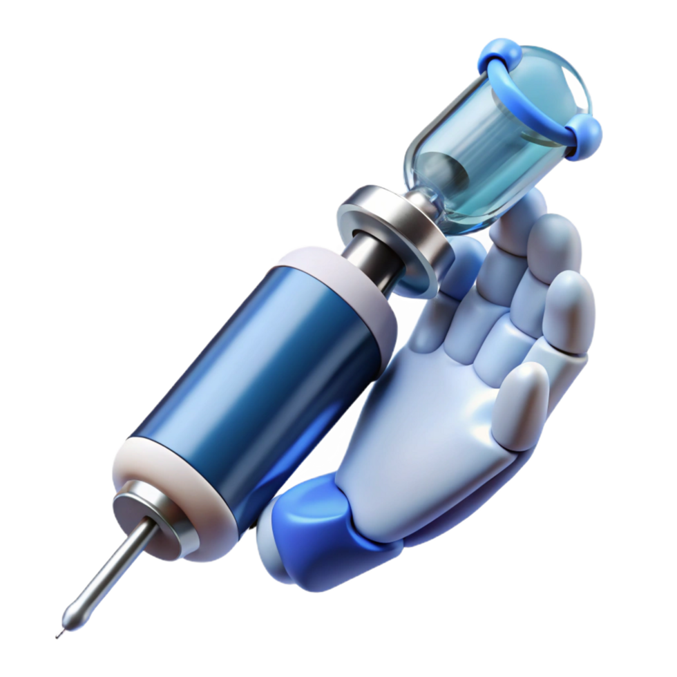 signature surreal Robotic hand holding a futuristic medical syringe NO BACKGROUND with Transparent Background. museum quality png