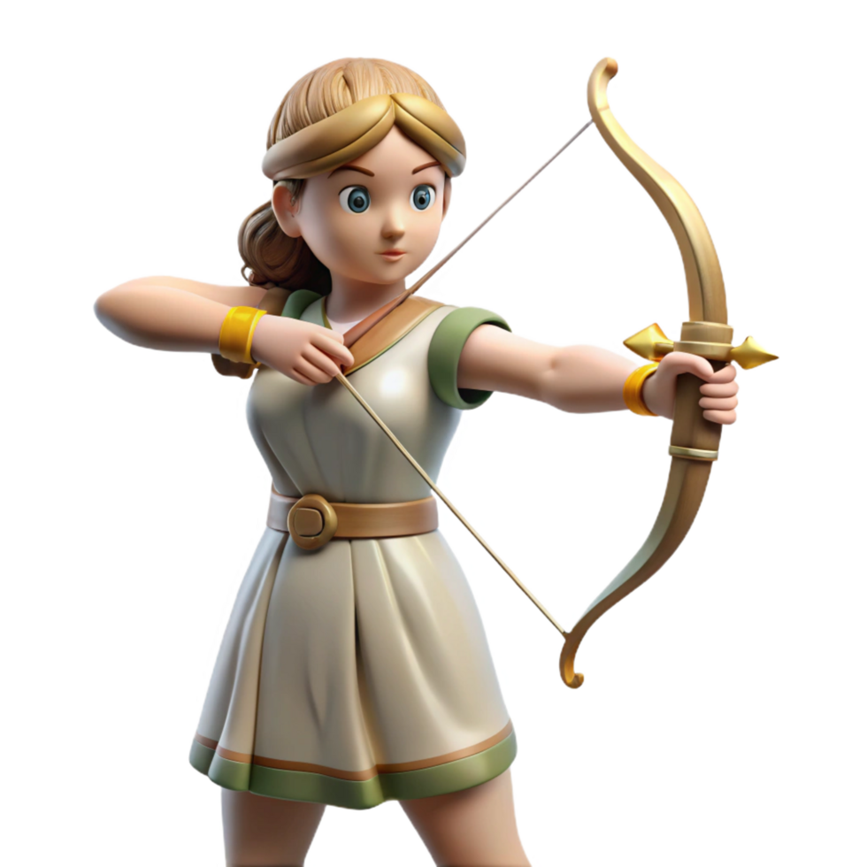 mesmerizing distinctive Artemis, Goddess of the Hunt, with bow and arrow, NO BACKGROUND with Transparent Background. png