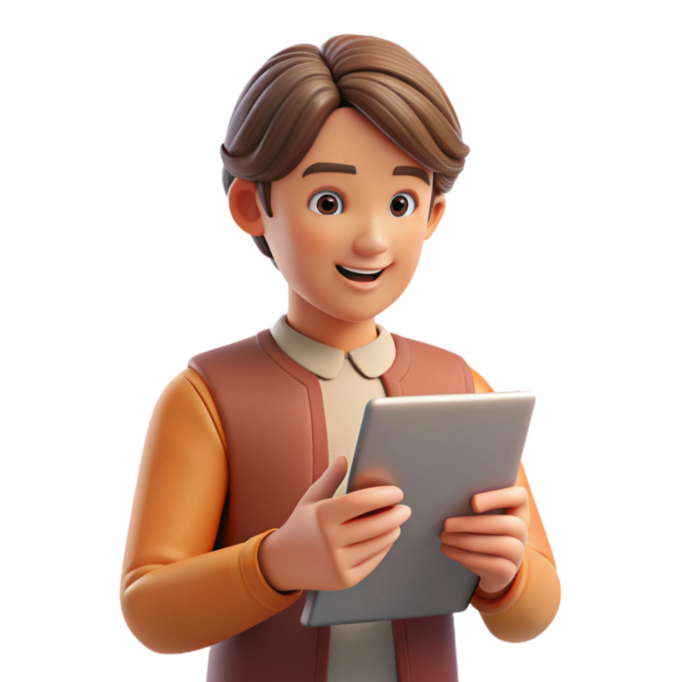 stunning rustic Student using tablet computer NO BACKGROUND with Transparent Background. professional png