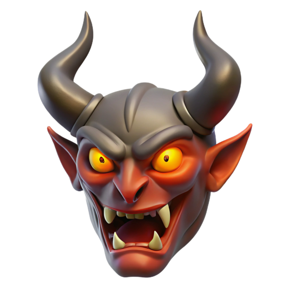 vibrant harmonious tropical A horned demon head, with fiery eyes. NO BACKGROUND with Transparent Background. elite png