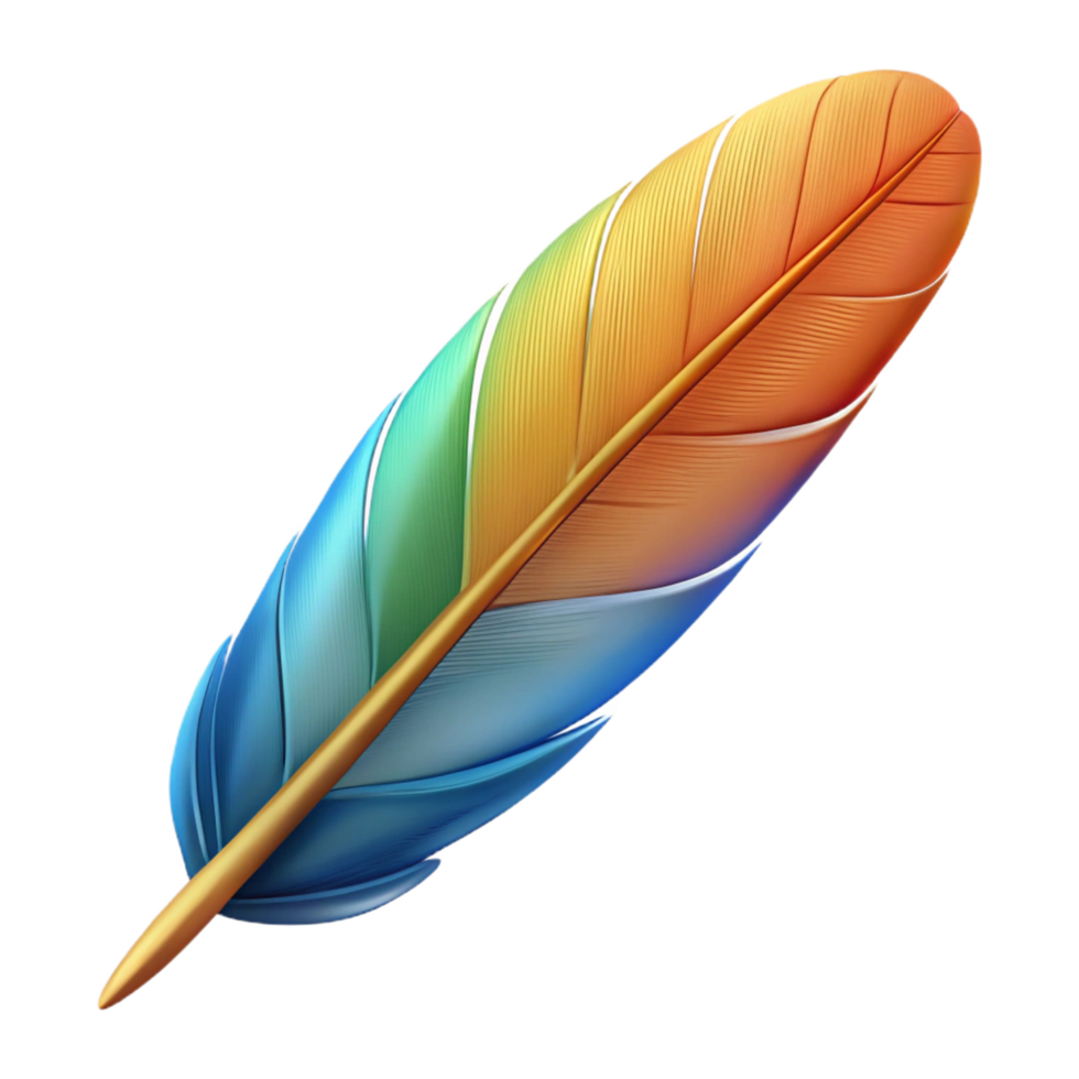 magnificent creative Single bird feather, colorful, detailed texture, NO BACKGROUND with Transparent Background. handcrafted png