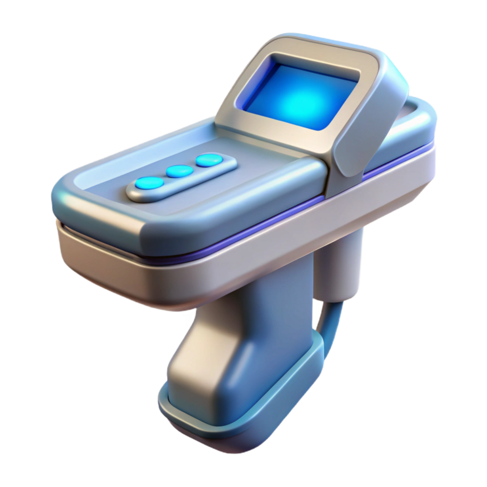 joyful striking Advanced medical scanner, handheld, futuristic design, blue light, NO BACKGROUND with Transparent Background. fine detail png