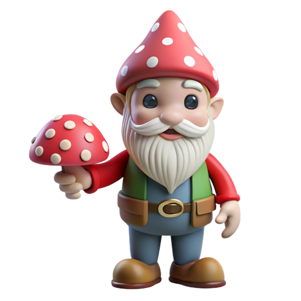reflective fascinating A whimsical gnome, holding a toadstool. NO BACKGROUND with Transparent Background. professional png