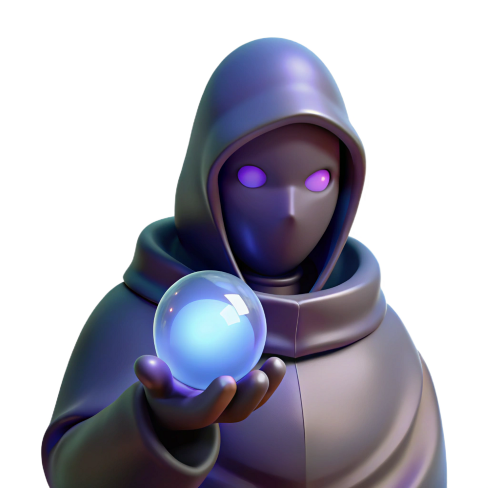 memorable impressionist A mysterious hooded figure holding a glowing orb. NO BACKGROUND with Transparent Background. studio quality png
