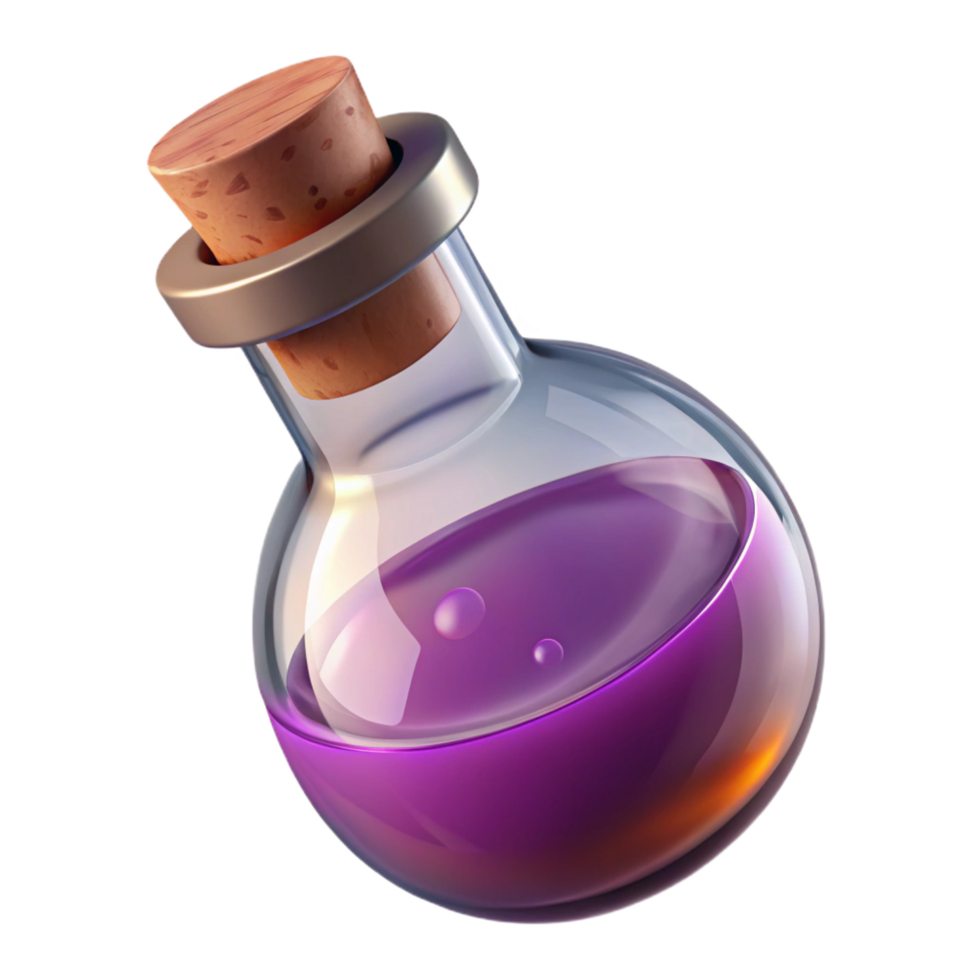 passionate sumptuous Magic potion bottle, swirling liquid, cork stopper, glass vial NO BACKGROUND with Transparent Background. ultra HD png