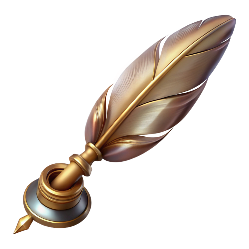 sought-after modern Steampunk quill pen with a brass nib and intricate feather details. NO BACKGROUND with Transparent Background. high quality png