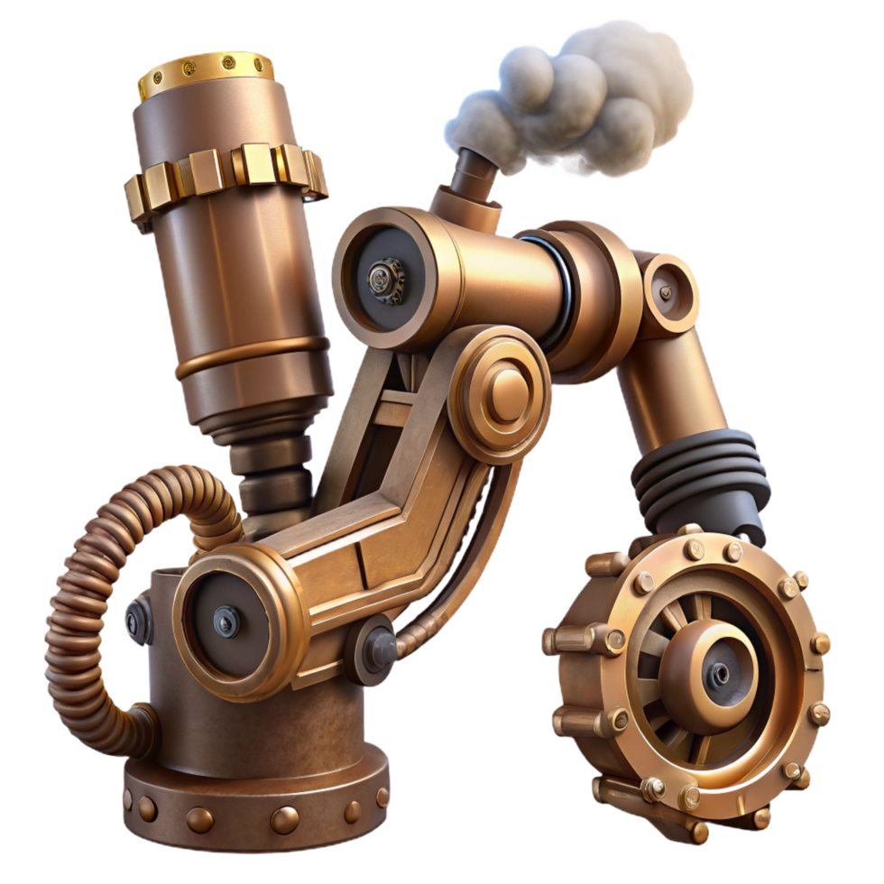 sumptuous standout Steampunk robotic arm with exposed gears and steam vents. NO BACKGROUND with Transparent Background. png