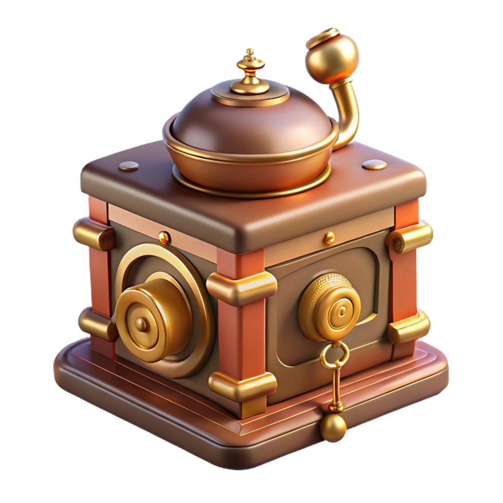 pristine whimsical coastal Steampunk music box with a delicate melody and ornate carvings. NO BACKGROUND with Transparent Background. studio quality png
