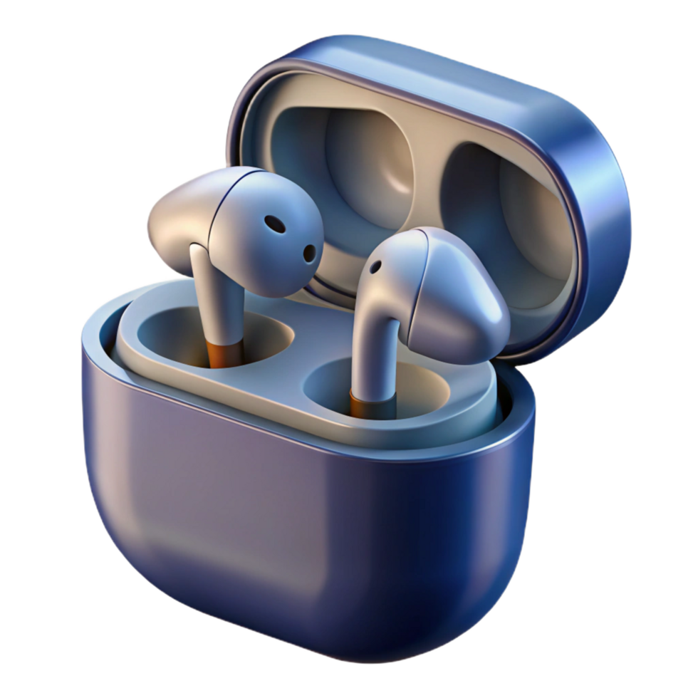 splendid harmonious art deco A pair of wireless earbuds, charging case open. NO BACKGROUND with Transparent Background. high resolution png