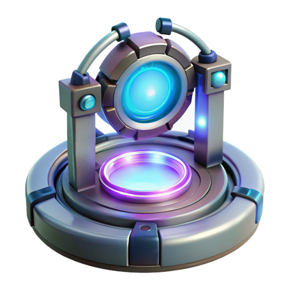 reflective magnificent Teleportation device, glowing portal, futuristic technology, energy effects. NO BACKGROUND with Transparent Background. high quality png