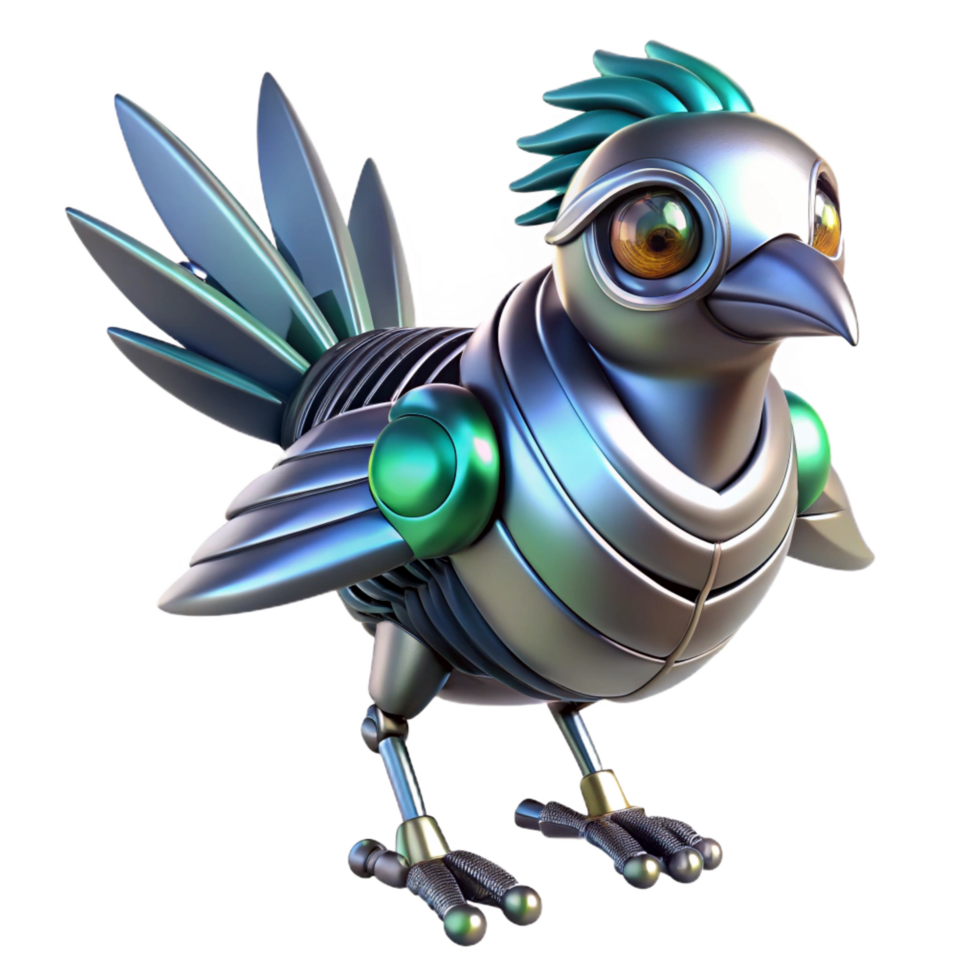 impressive rustic Robot bird, metallic feathers, futuristic design, advanced AI. NO BACKGROUND with Transparent Background. high resolution png