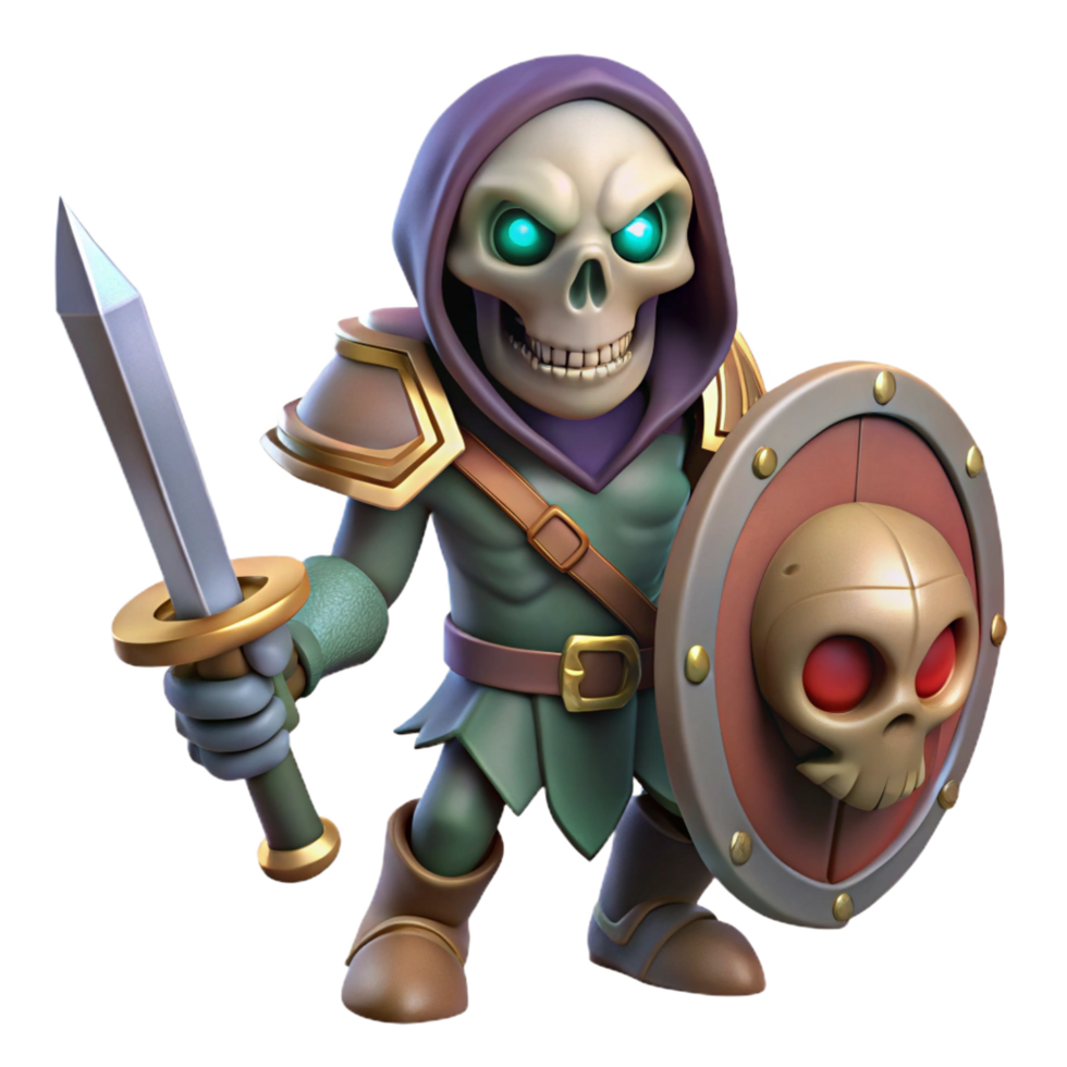 joyful radiant A creepy skeleton warrior with a sword and shield. NO BACKGROUND with Transparent Background. original png