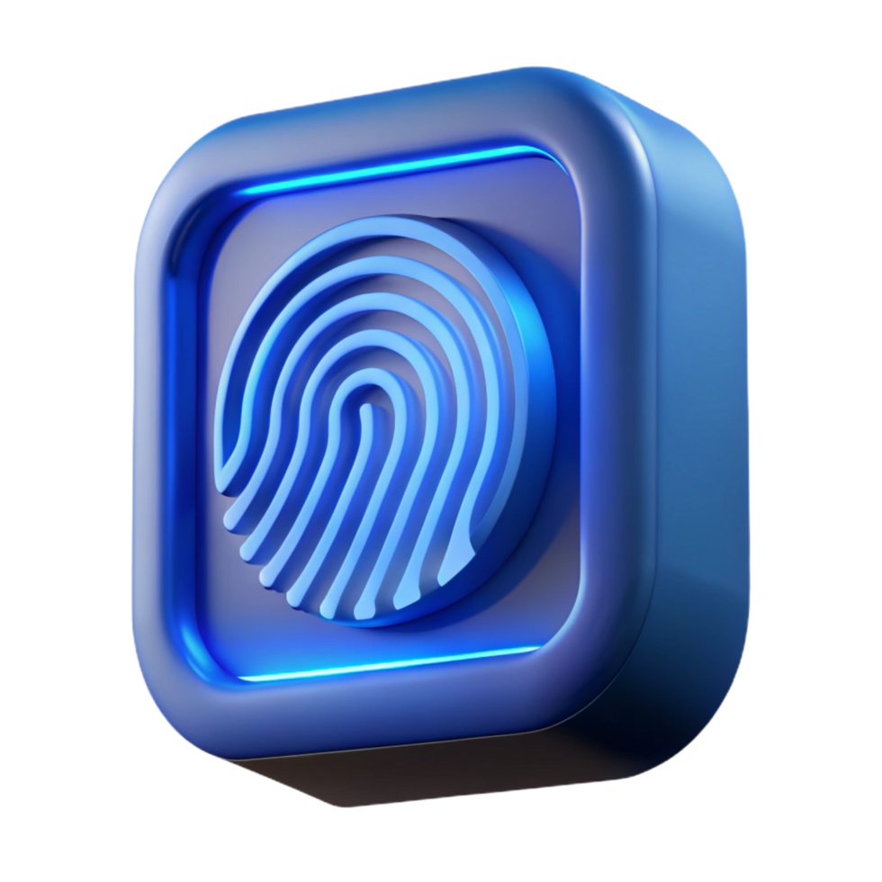 spectacular harmonious art deco A fingerprint scanner, illuminated blue. NO BACKGROUND with Transparent Background. studio quality png