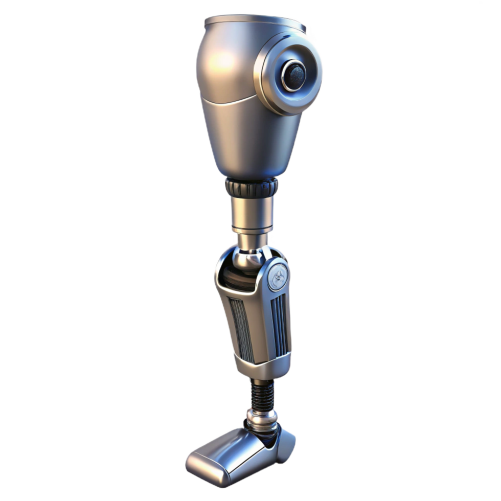 unparalleled rustic Cybernetic prosthetic leg, chrome finish, hydraulics, articulated joints. NO BACKGROUND with Transparent Background. expertly shot png