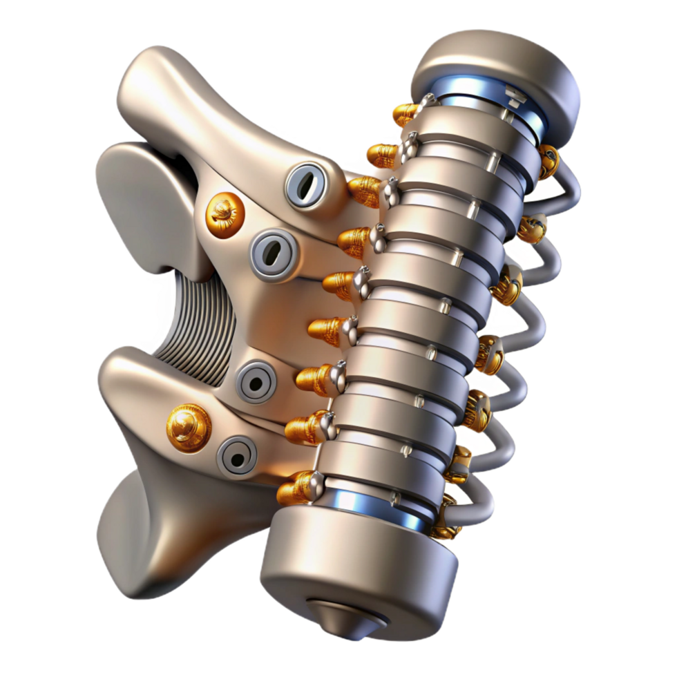 pristine contemporary Cybernetic spine implant, metallic vertebrae, intricate wiring. NO BACKGROUND with Transparent Background. luxury png