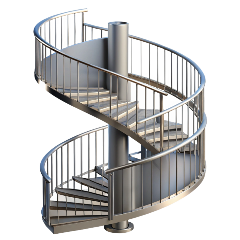 sumptuous mid-century Spiral staircase, metal railing, NO BACKGROUND with Transparent Background. impeccable png